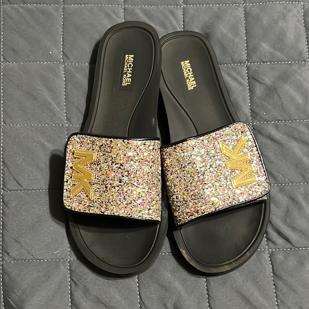 Michael Kors Black and Gold Sandals with Glittery Strap